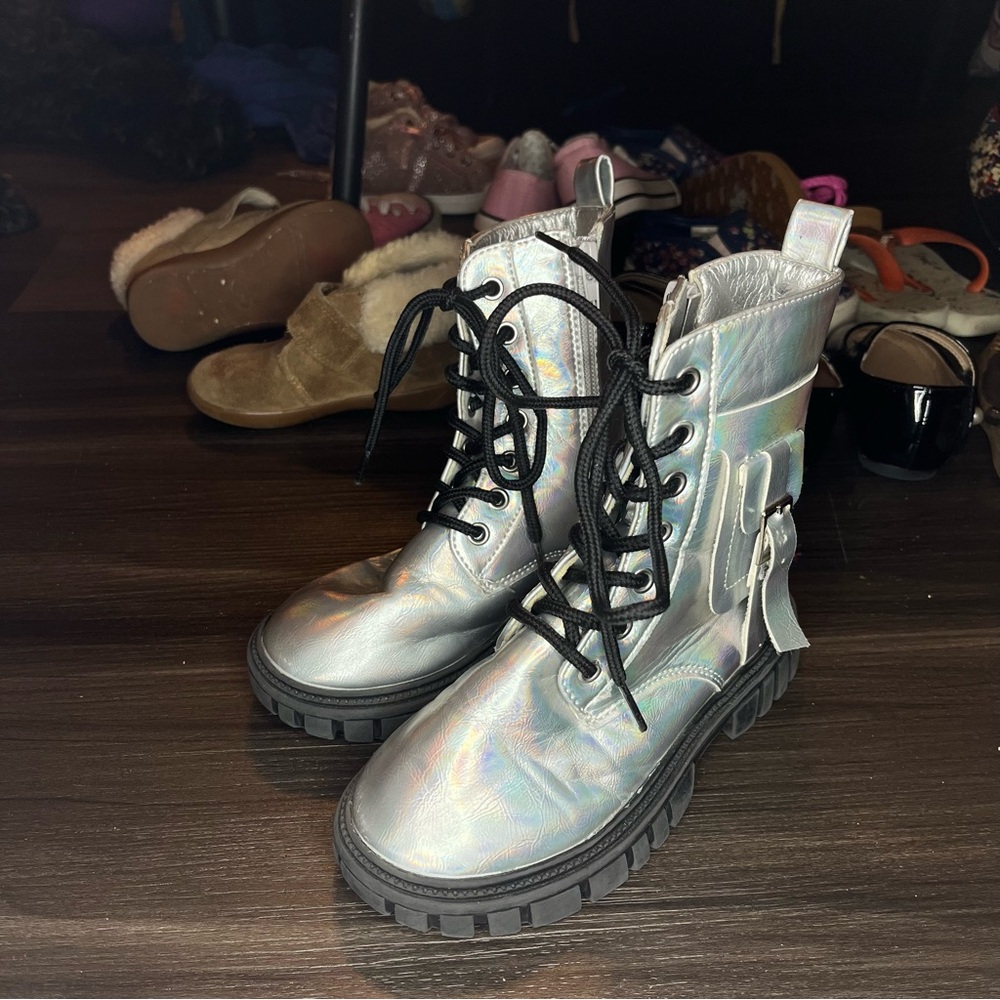 Holographic Combat Boots with Black Laces